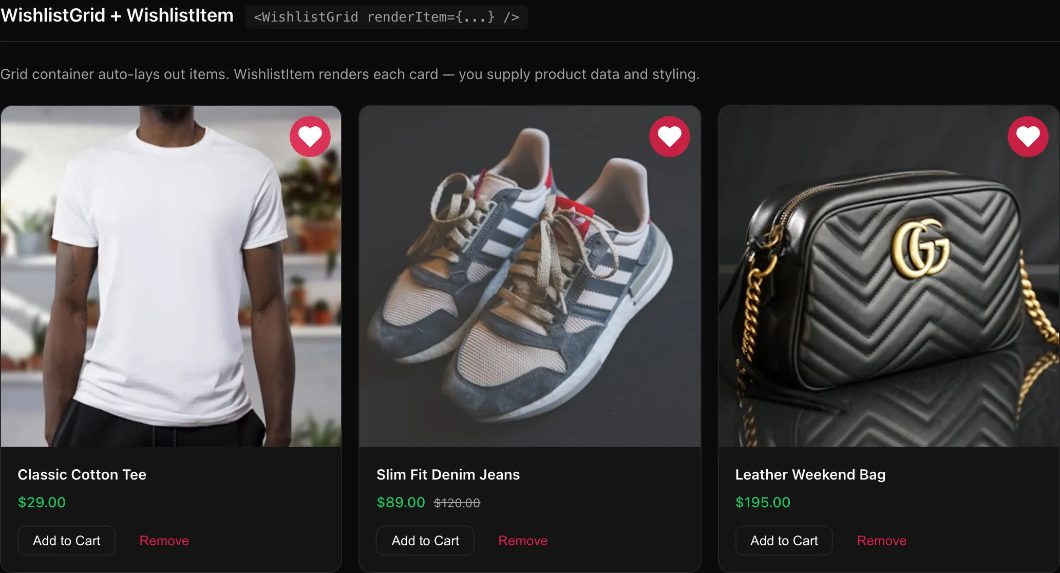 WishlistGrid displaying product cards in a 3-column layout