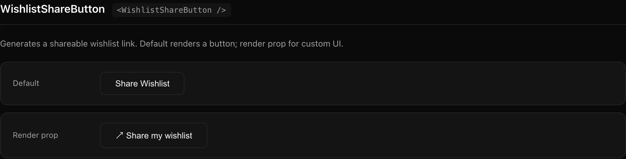 WishlistShareButton showing default and render prop variants